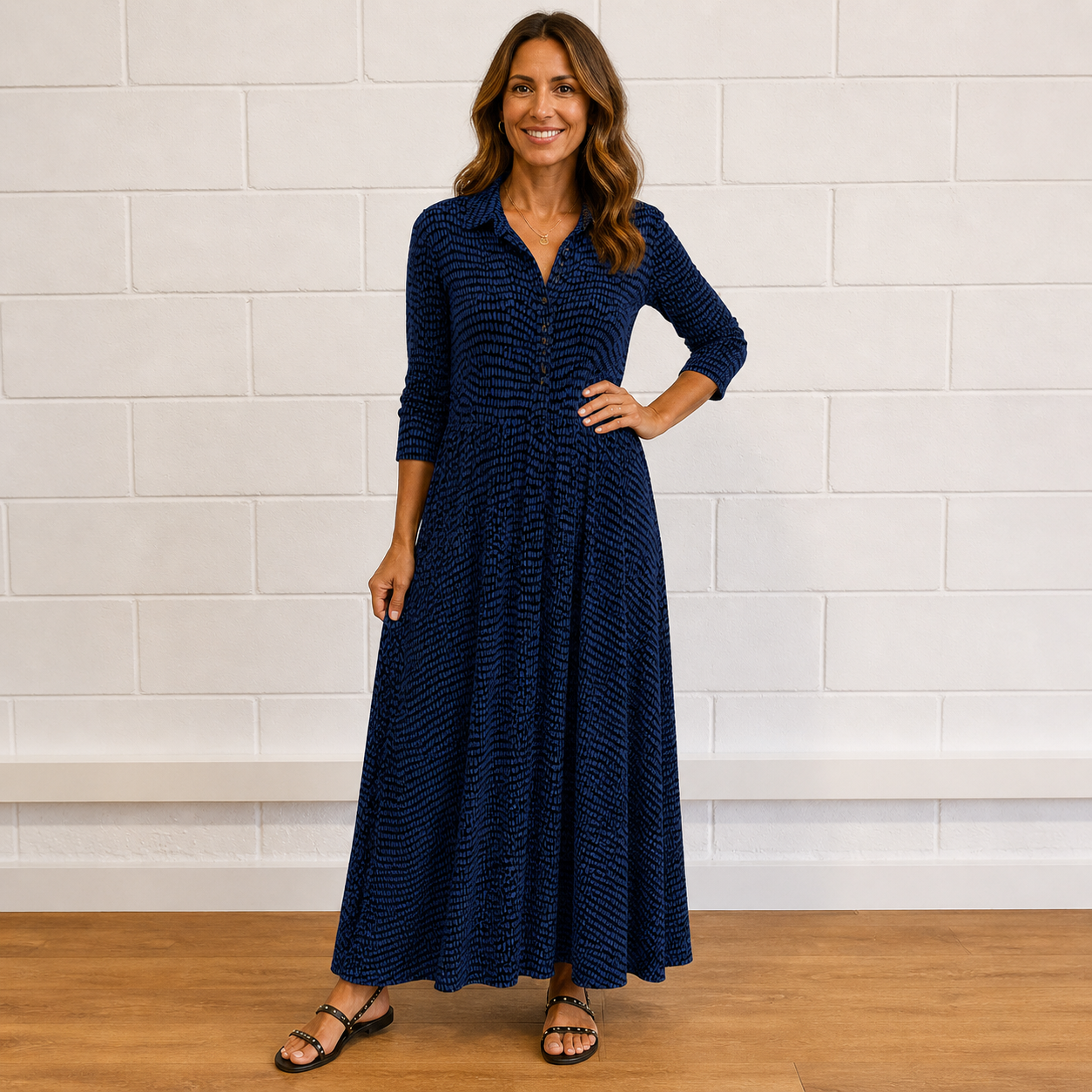 Women’s Printed Long Sleeve Flowing Maxi Dress with V-Neck