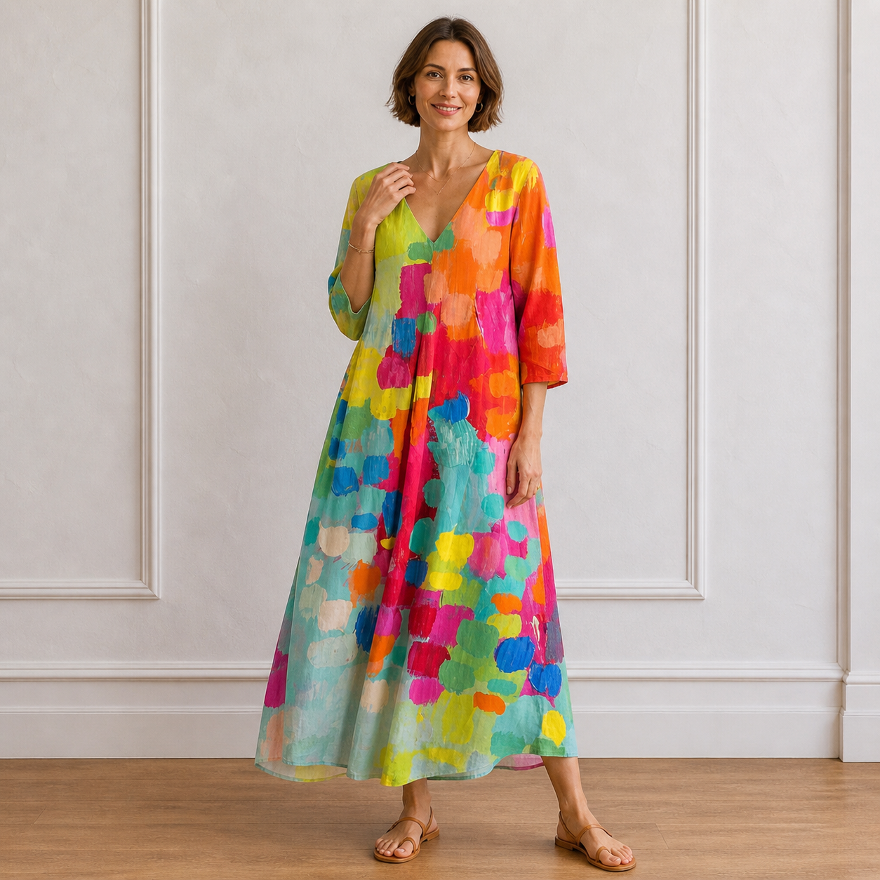 Women’s Colorful Boho V-Neck Abstract Print Maxi Dress