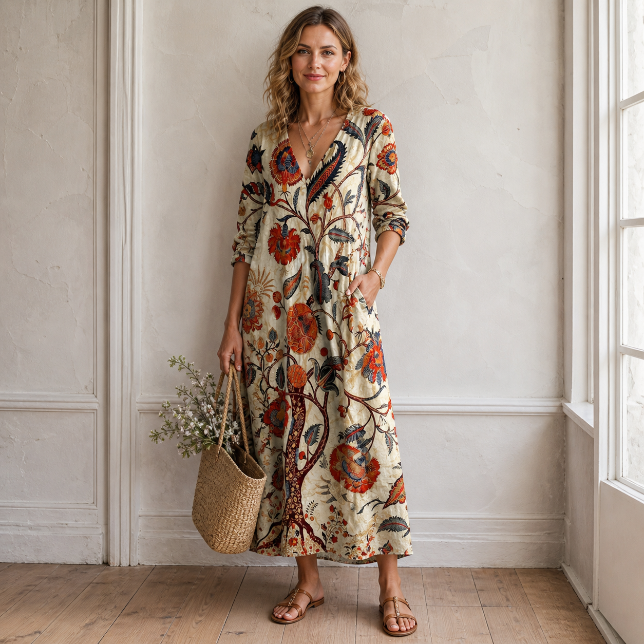 Women’s Relaxed Fit Vintage Floral Boho Maxi Dress
