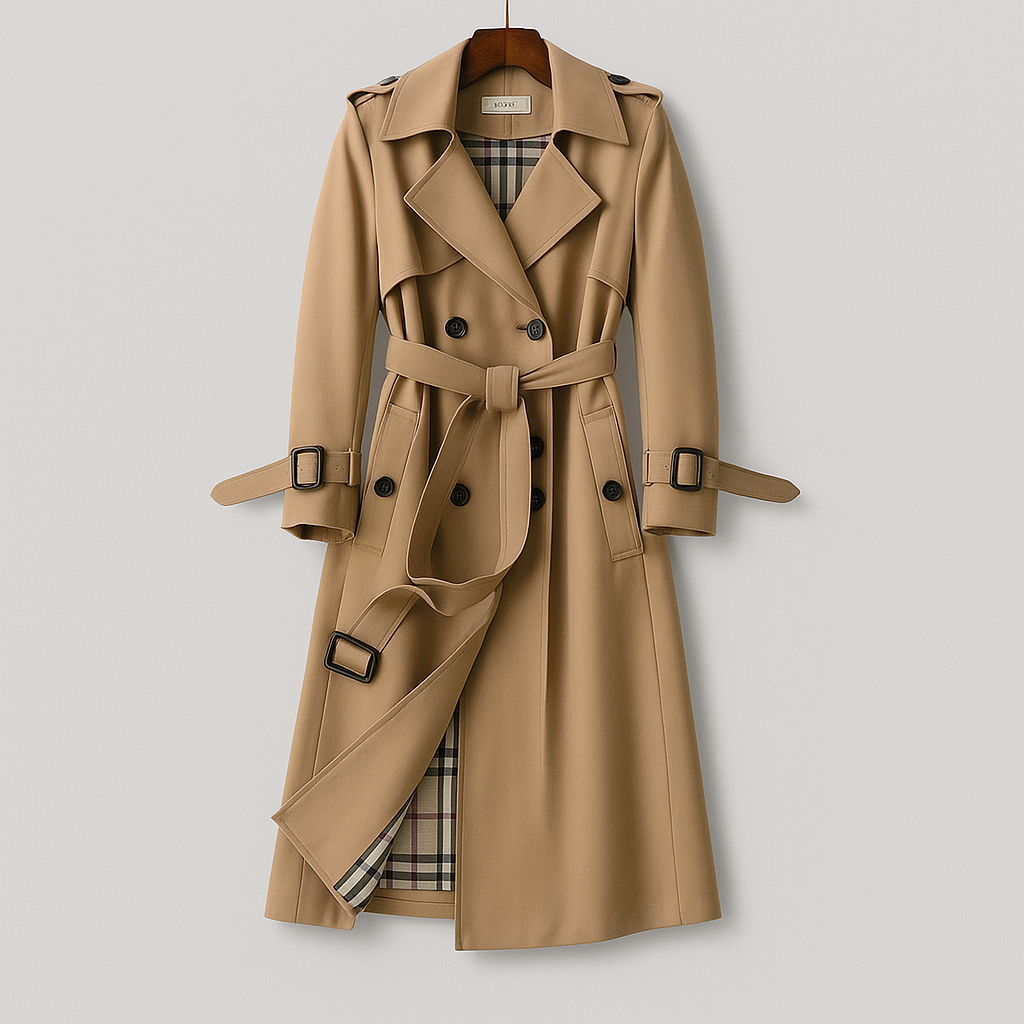 Women's Double-Breasted Belted Trench Coat with Classic Lapel