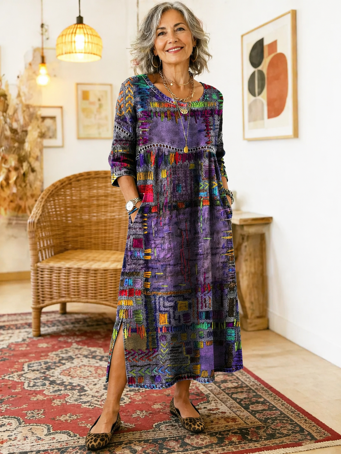 Women's Mosaic Print Side Slit Midi Dress