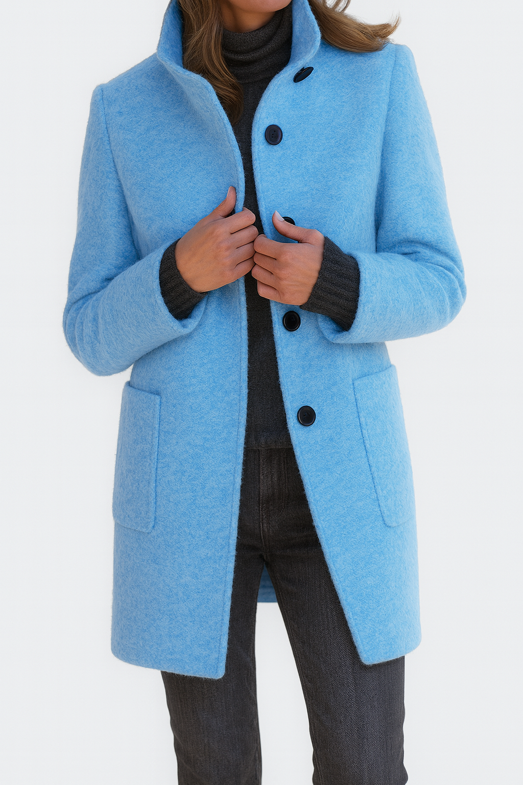 Women’s Button Front Stand Collar Long Coat