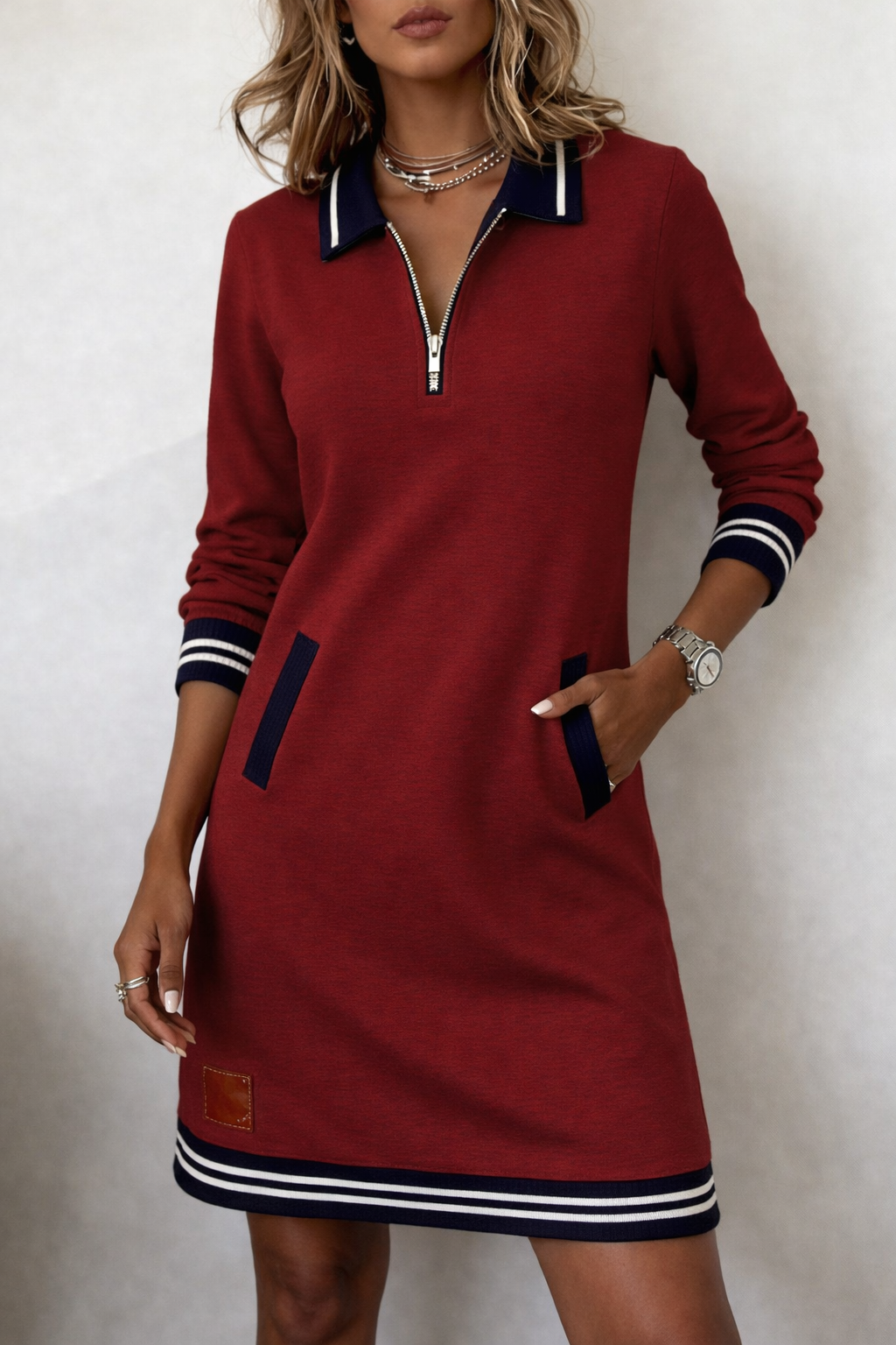 Women's Quarter-Zip Polo Mini Dress with Striped Trim