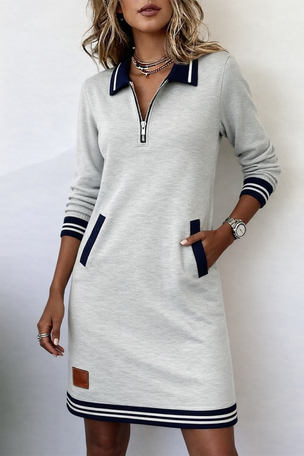 Women's Quarter-Zip Polo Mini Dress with Striped Trim