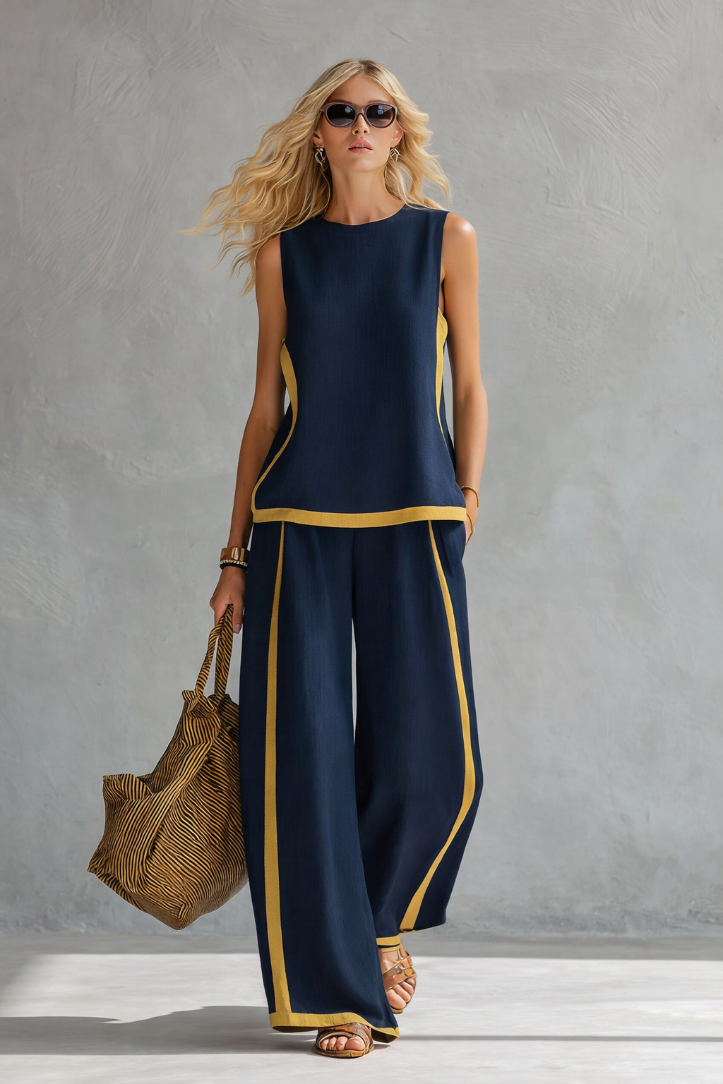 Women's Gold Trim Sleeveless Co-Ord Set with Wide-Leg Trousers