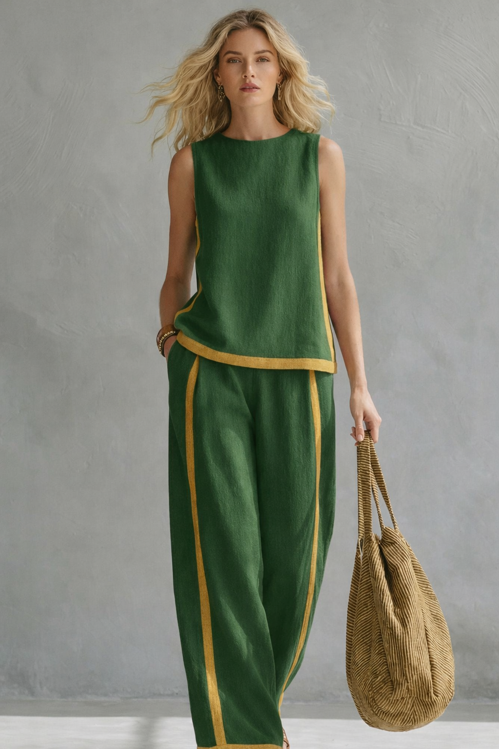 Women's Gold Trim Sleeveless Co-Ord Set with Wide-Leg Trousers