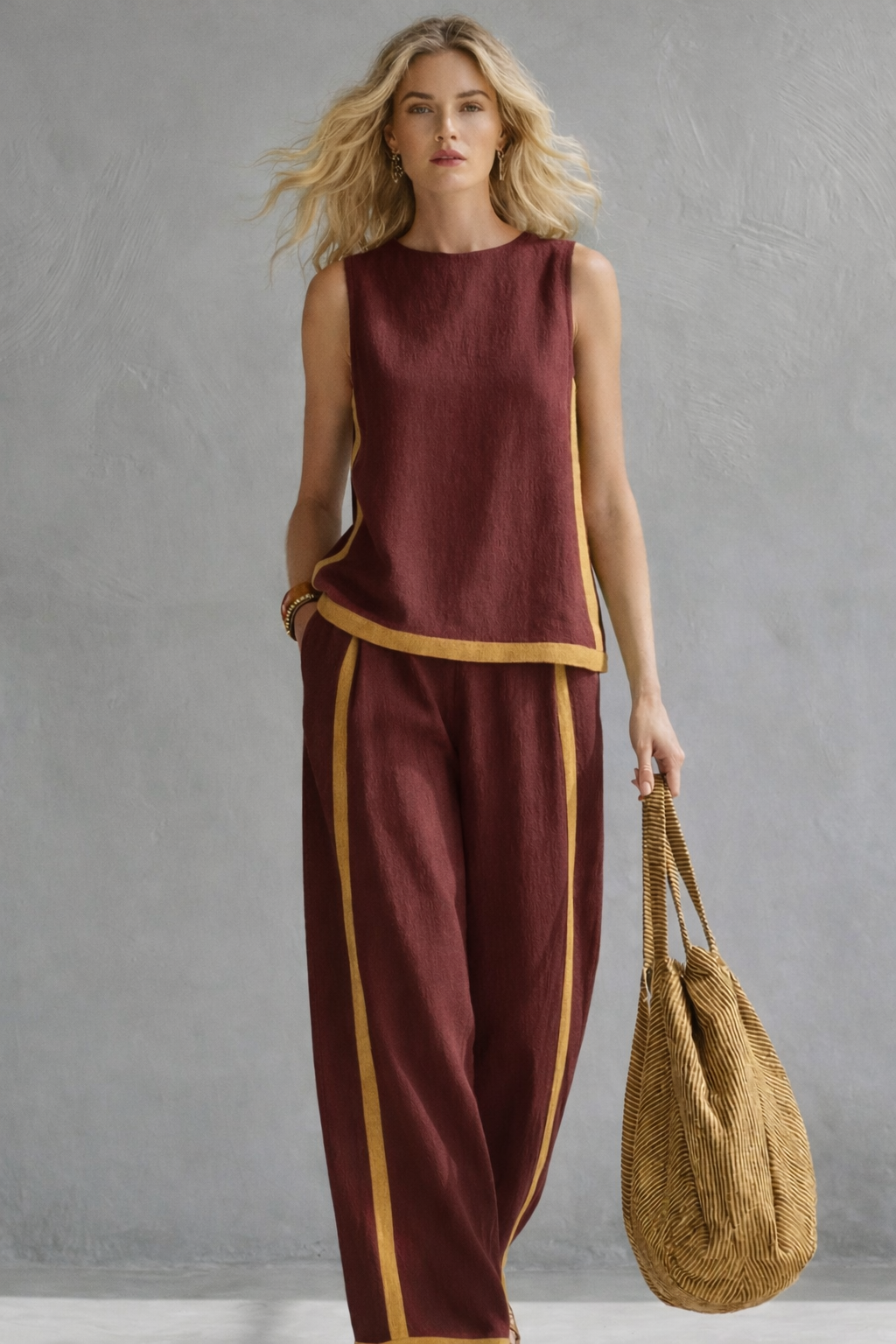 Women's Gold Trim Sleeveless Co-Ord Set with Wide-Leg Trousers