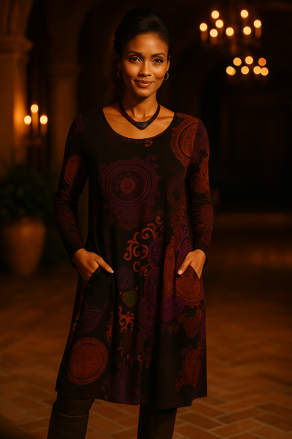 Long Sleeve Bohemian Midi Dress Unique Print