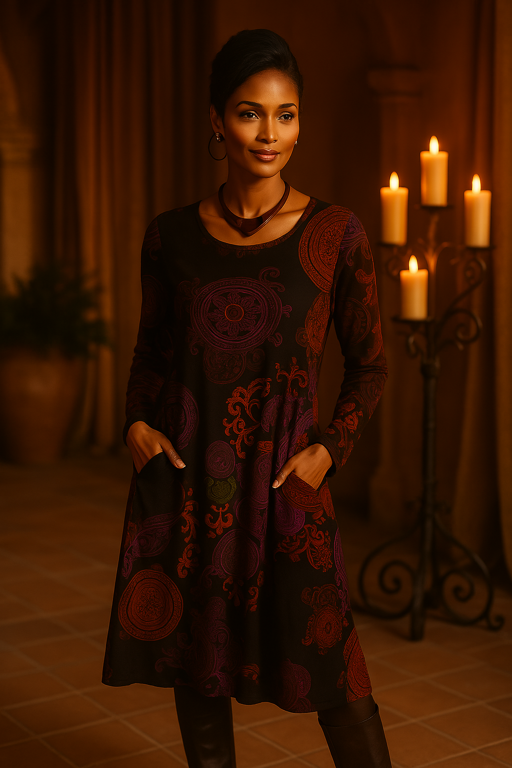 Long Sleeve Bohemian Midi Dress Unique Print