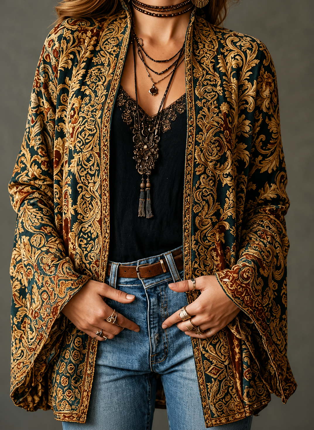 Women's Velvet Boho Paisley Kimono Cardigan