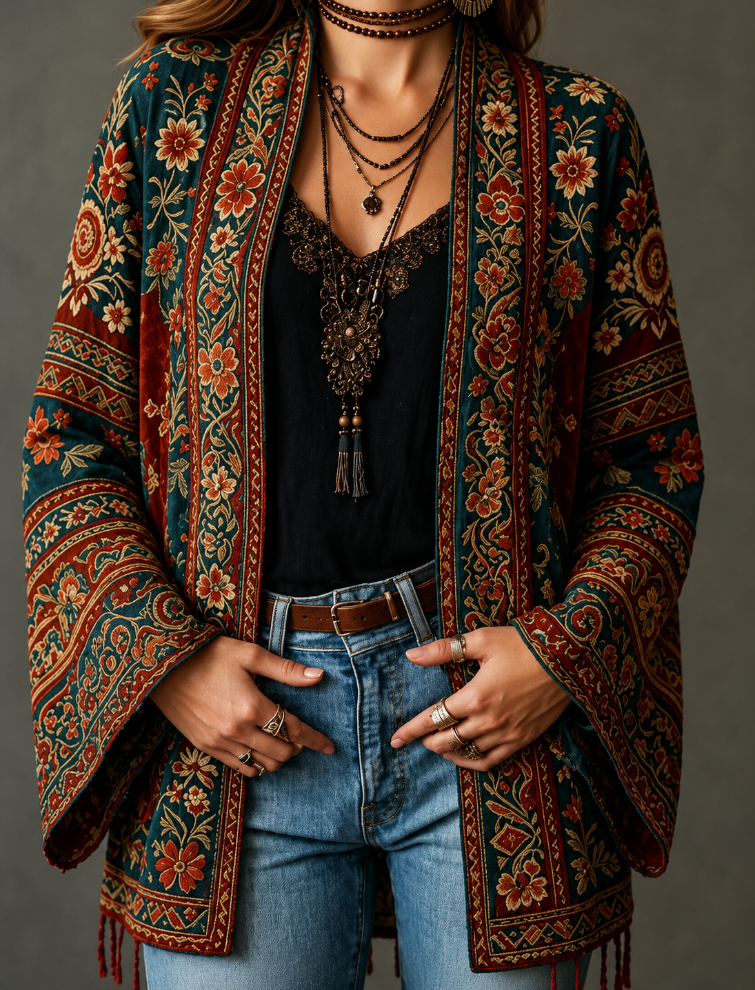 Women's Velvet Boho Paisley Kimono Cardigan
