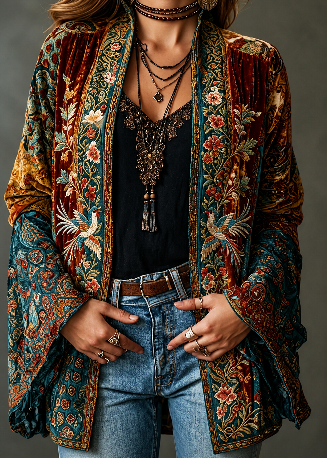 Women's Velvet Boho Paisley Kimono Cardigan