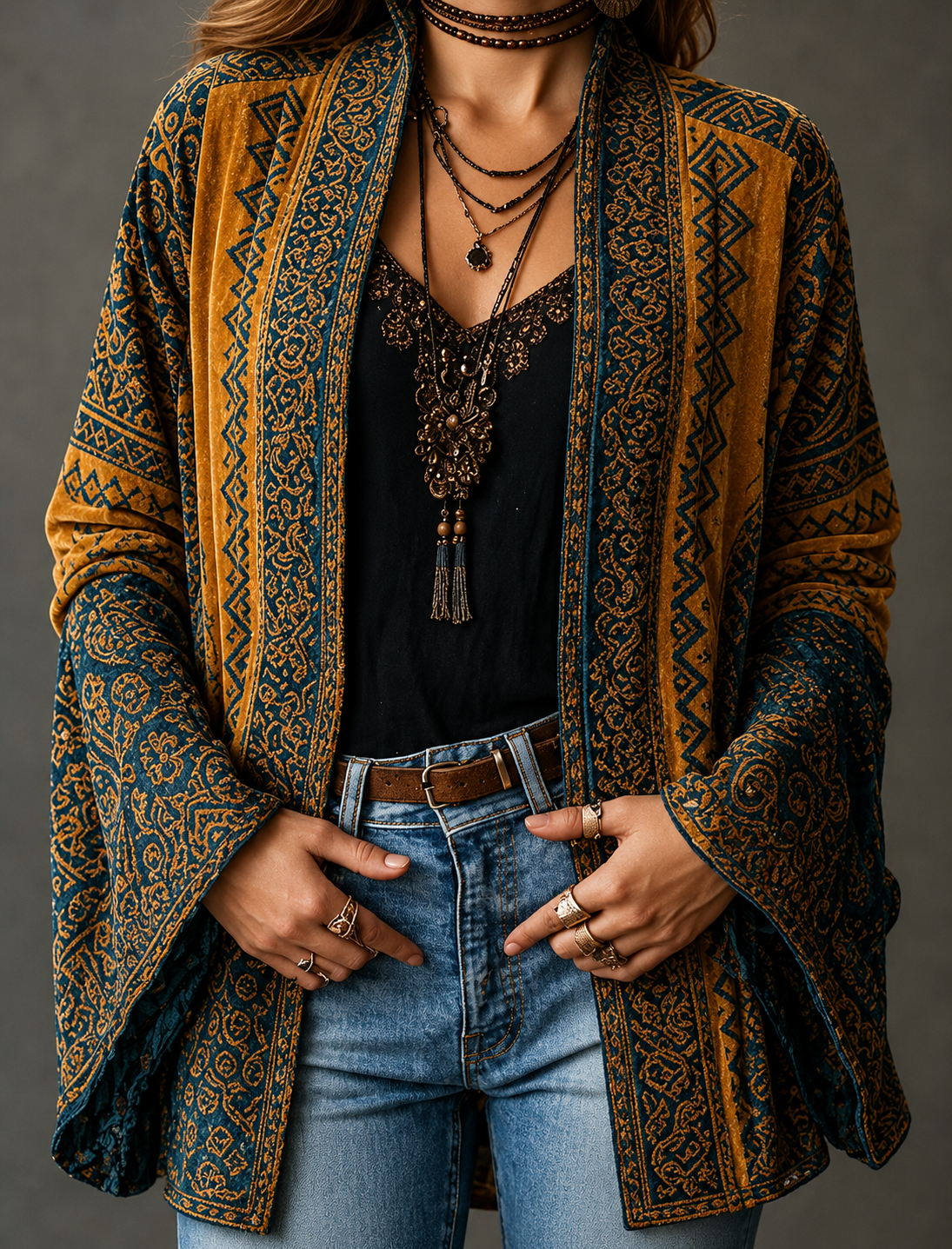 Women's Velvet Boho Paisley Kimono Cardigan