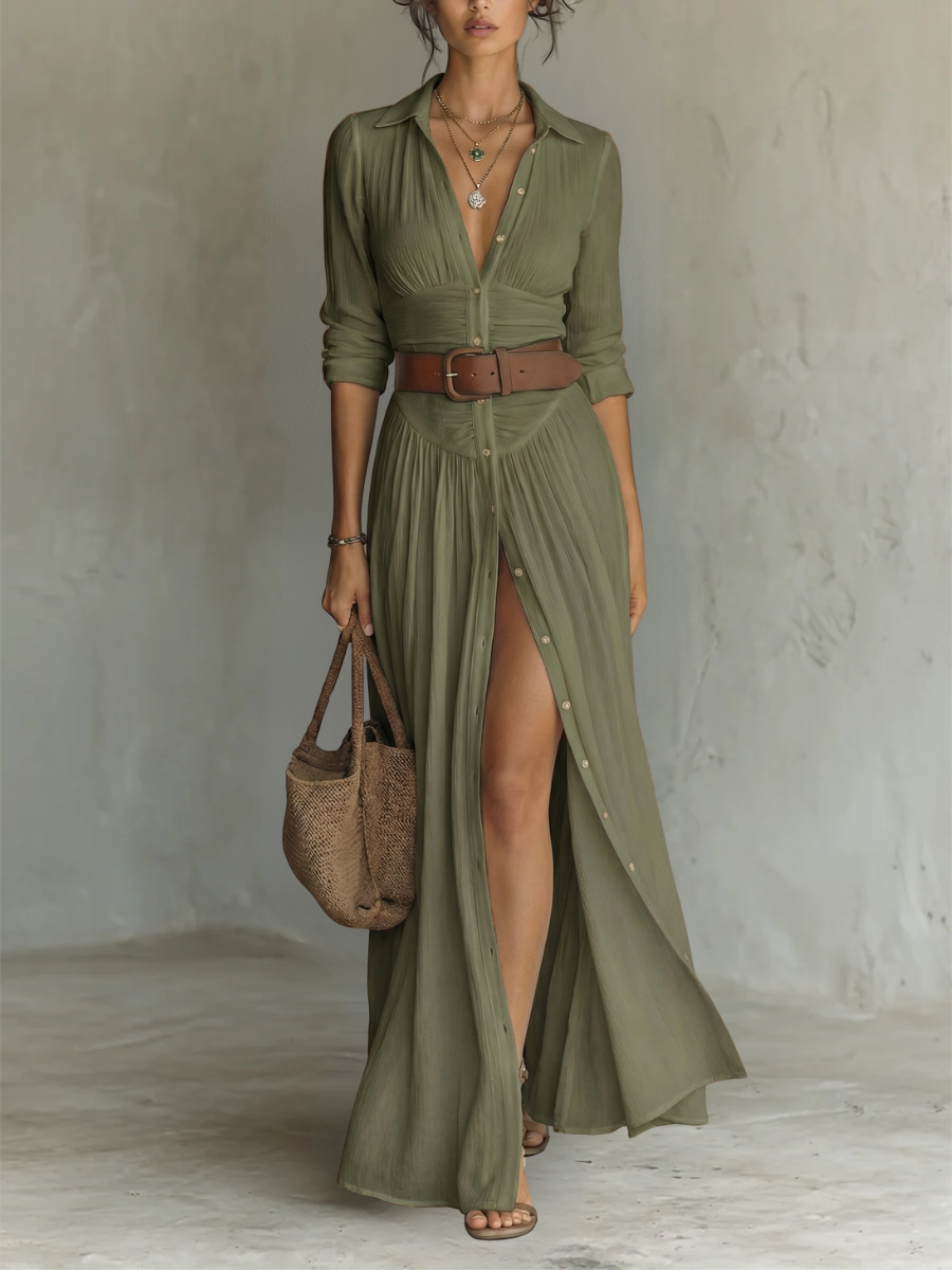 Women’s Button Front Maxi Dress with Flowing Split Skirt