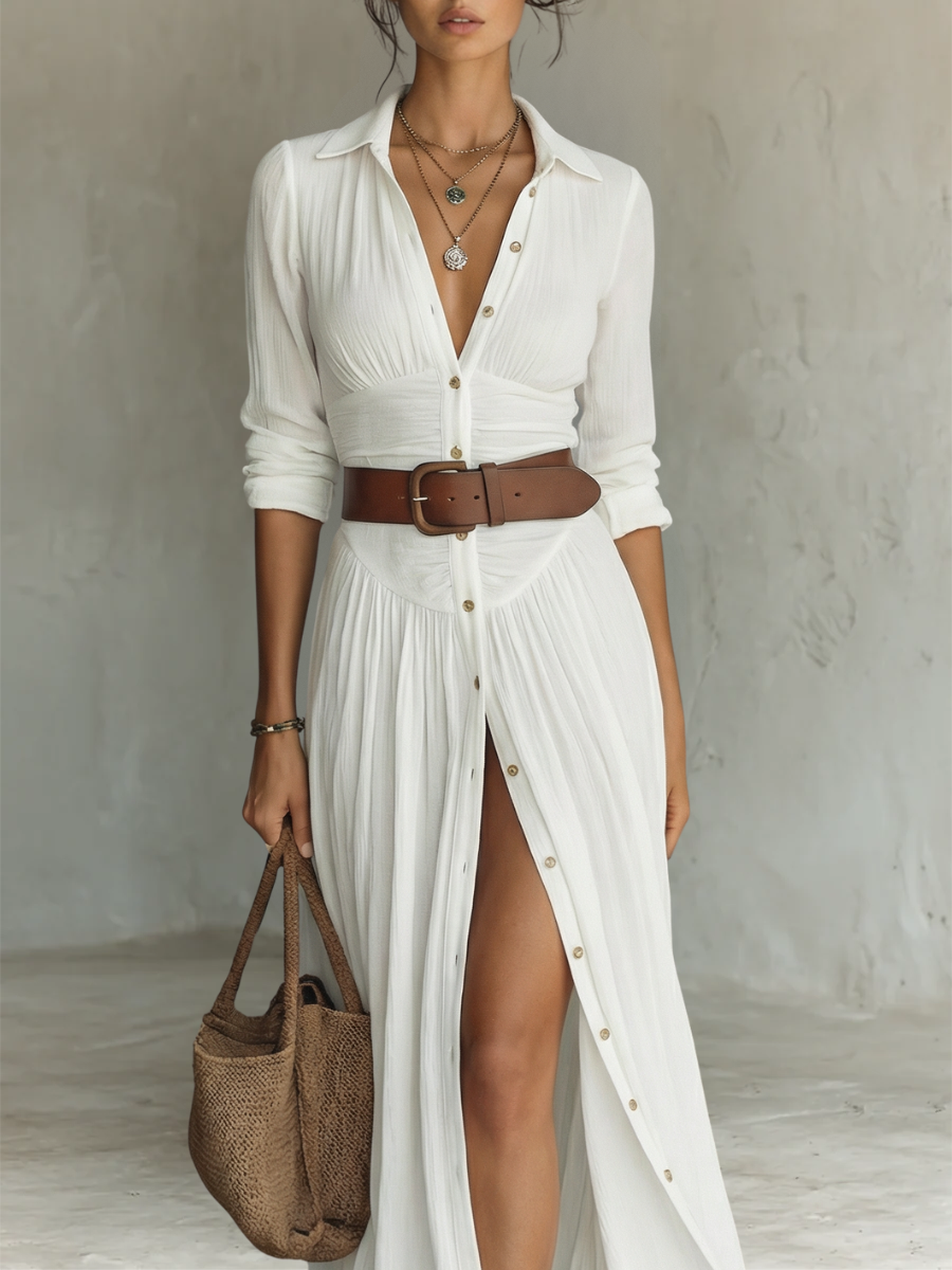 Women’s Button Front Maxi Dress with Flowing Split Skirt