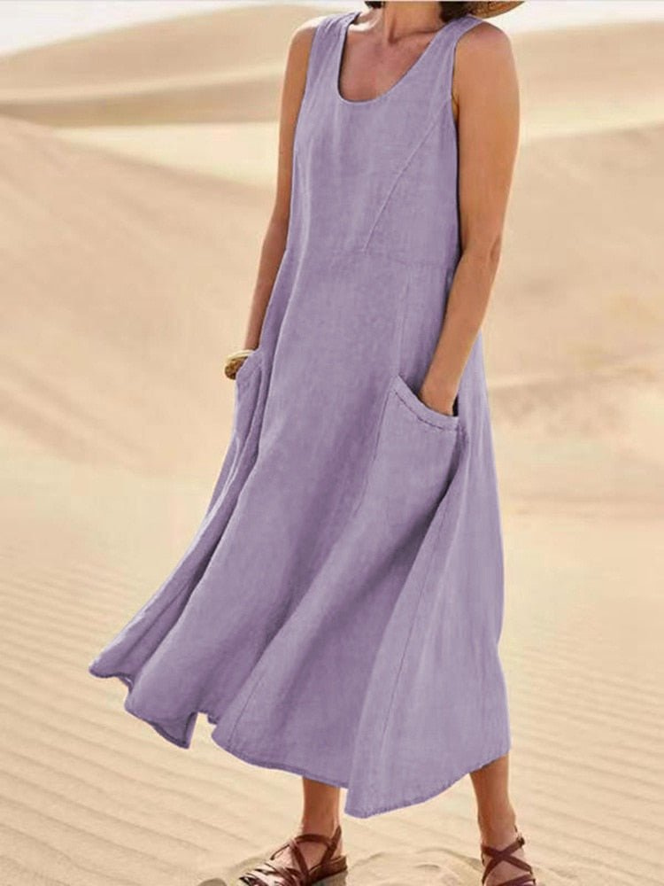Women's Sleeveless Midi Dress with Flowing Silhouette and Side Pockets