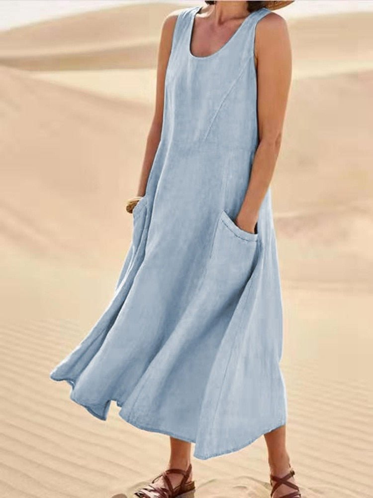 Women's Sleeveless Midi Dress with Flowing Silhouette and Side Pockets