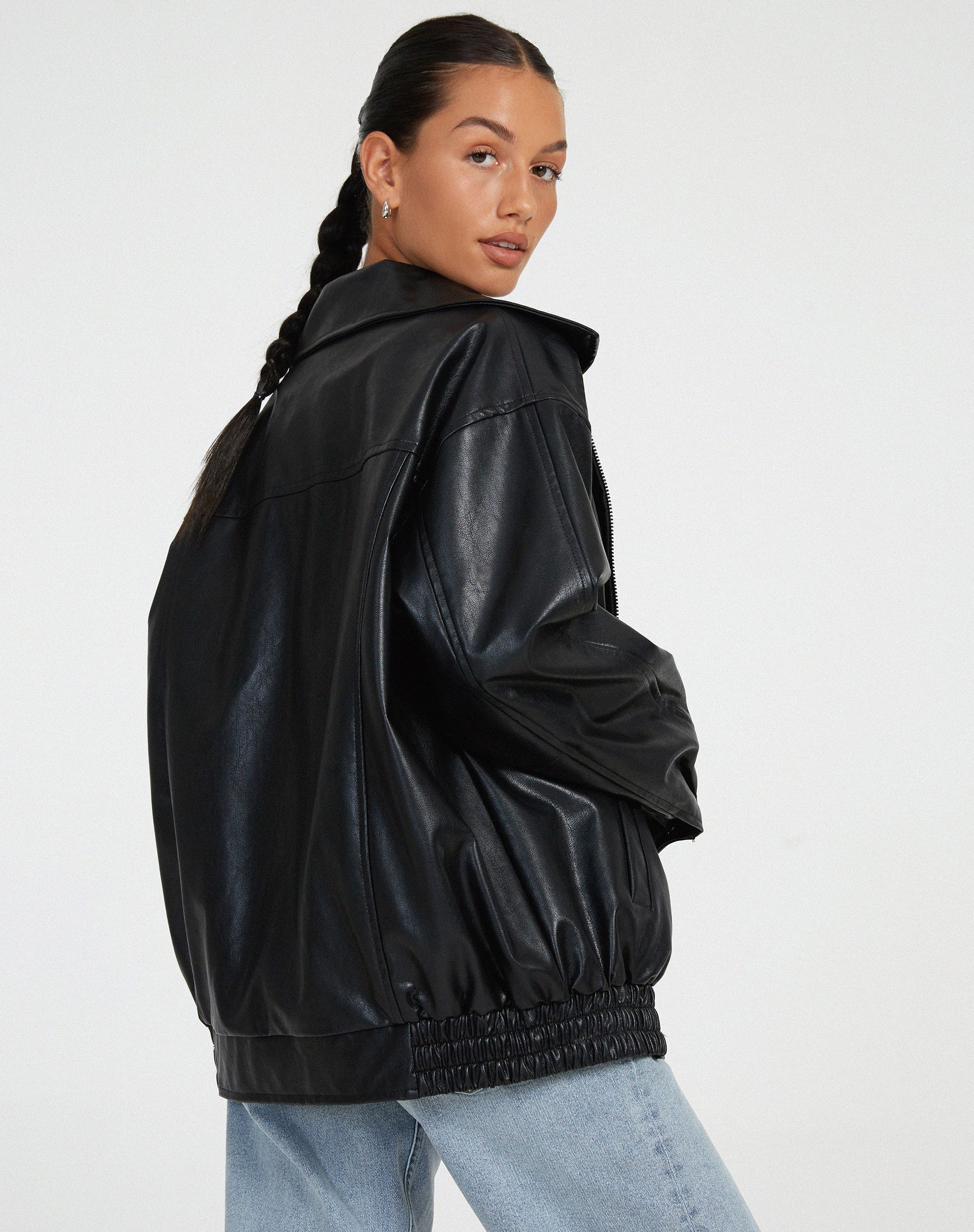 Women's Oversized Faux Leather Bomber Jacket