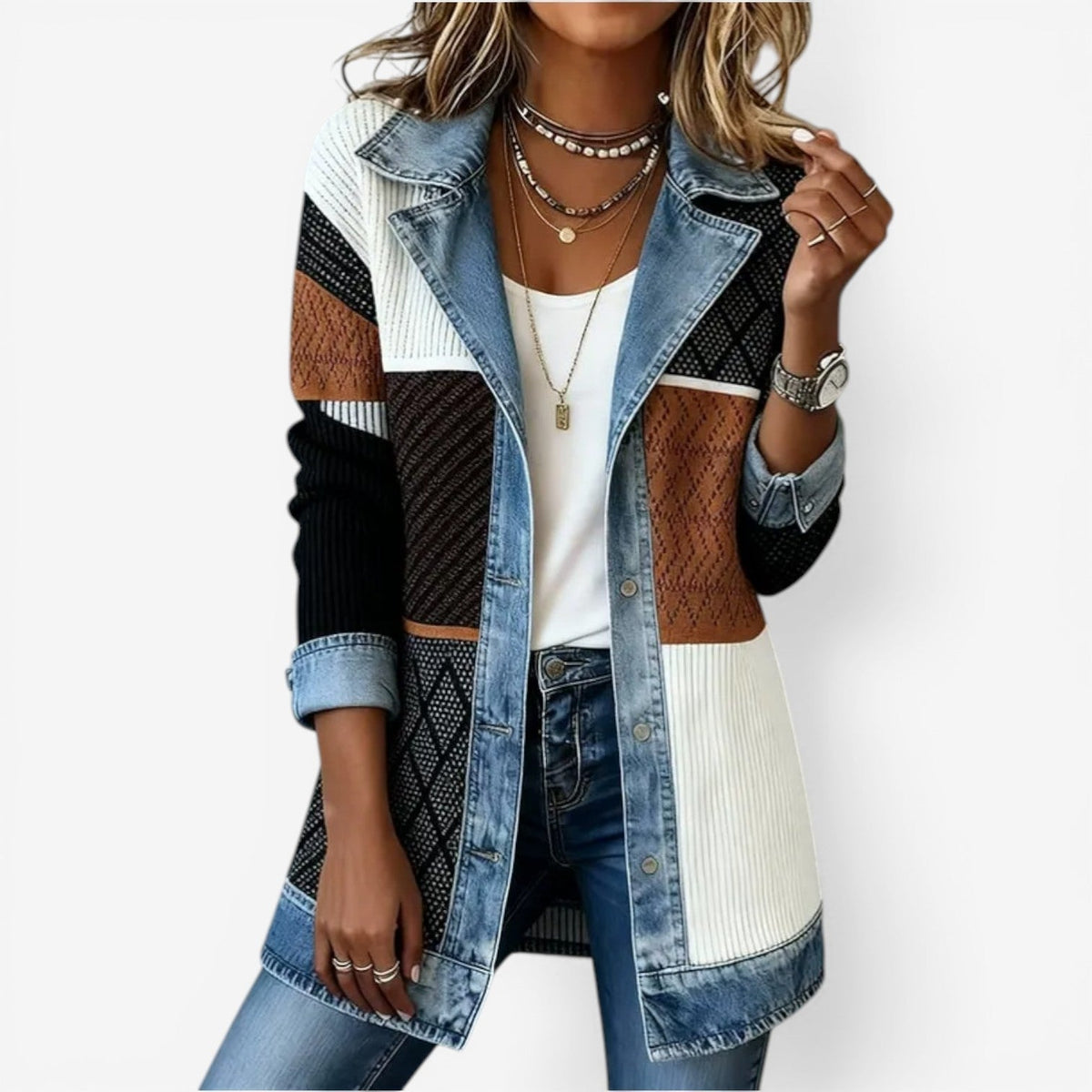 Women's Denim Trim Knit Cardigan with Pockets