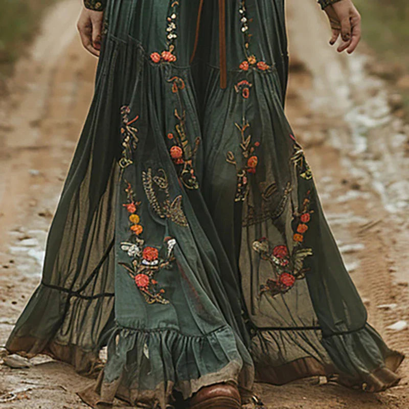 Women's Embroidered Bohemian V-Neck Maxi Dress