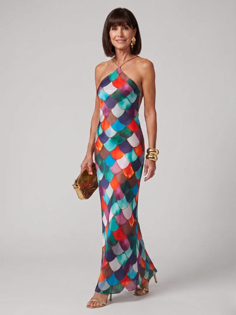 Women's Halter Neck Maxi Dress with Multicolor Geometric Print