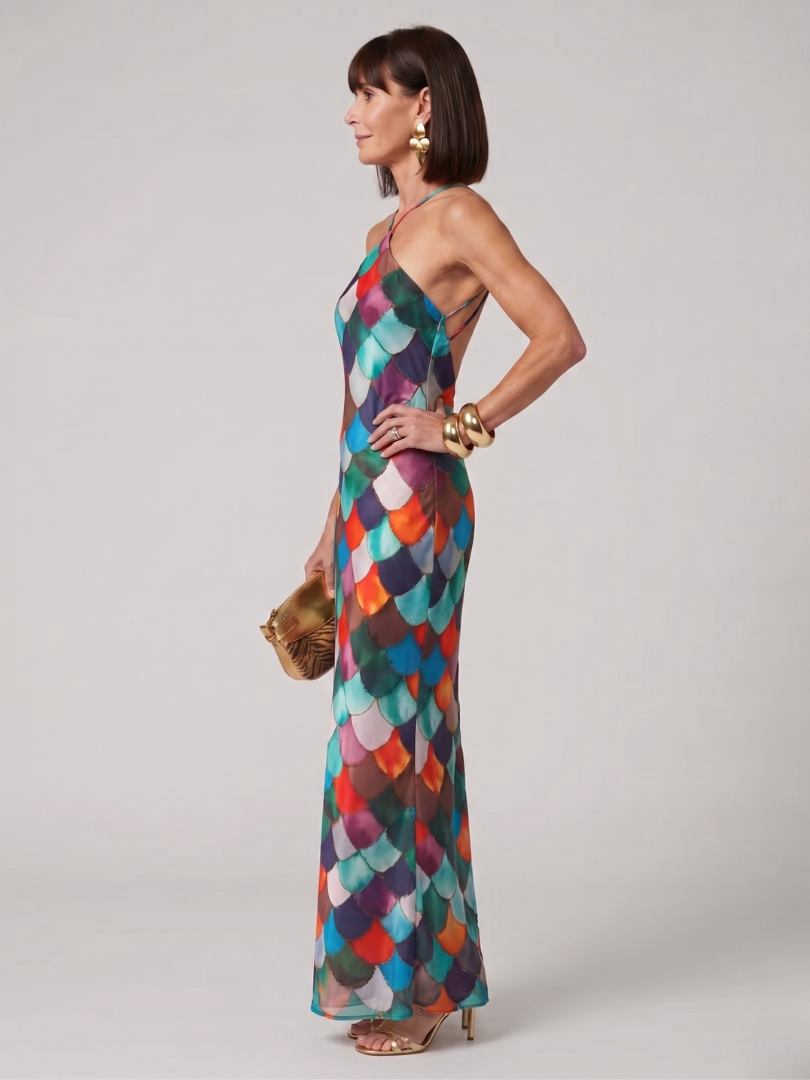 Women's Halter Neck Maxi Dress with Multicolor Geometric Print