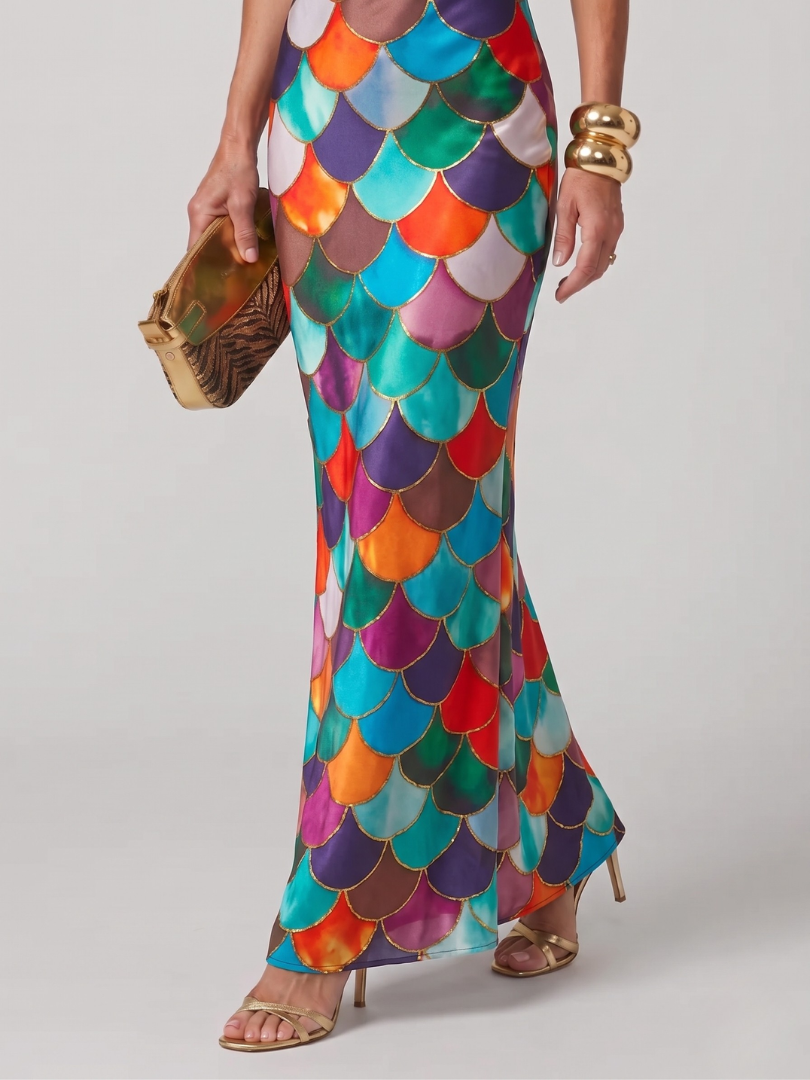 Women's Halter Neck Maxi Dress with Multicolor Geometric Print