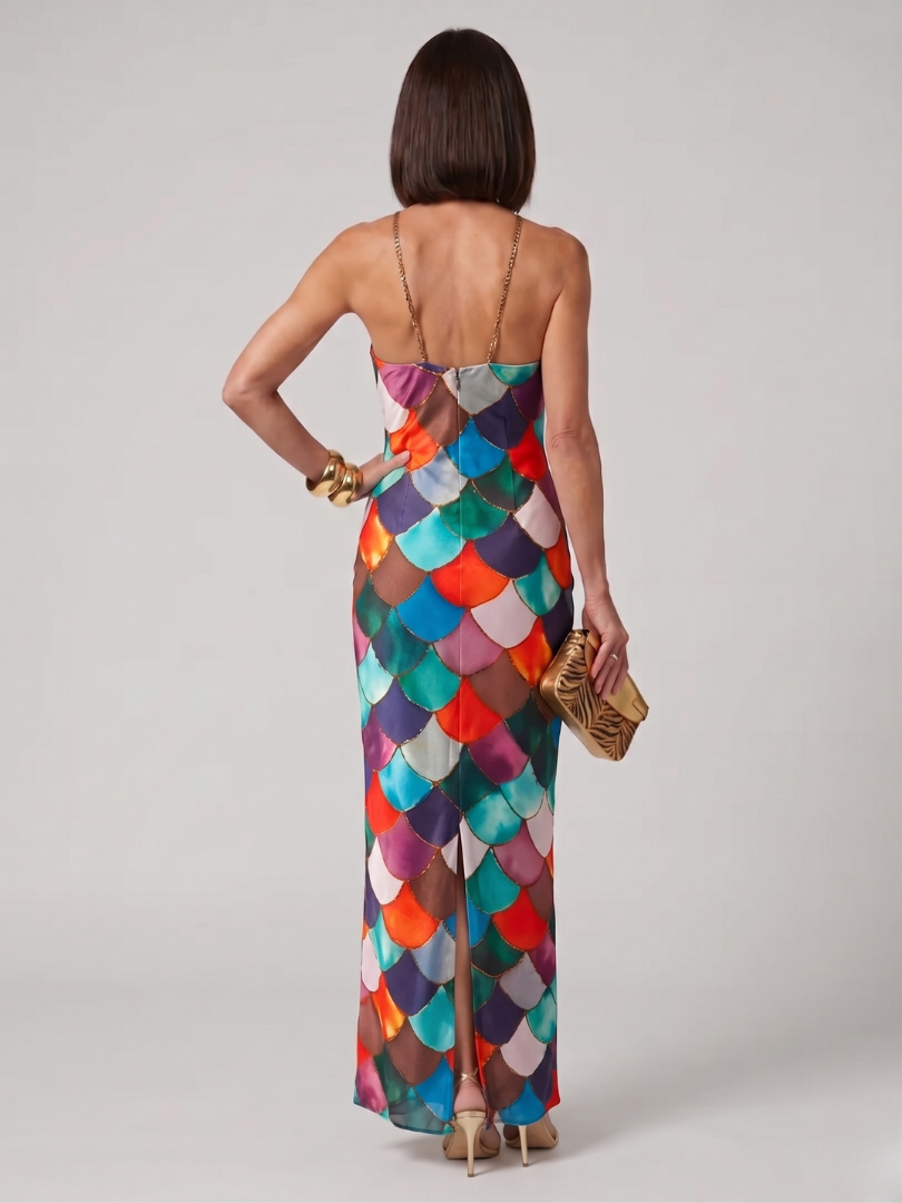 Women's Halter Neck Maxi Dress with Multicolor Geometric Print