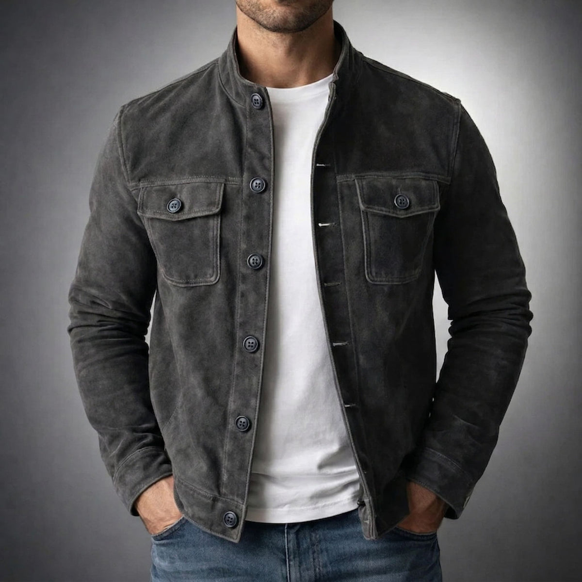 Men’s Suede-Style Stand Collar Jacket