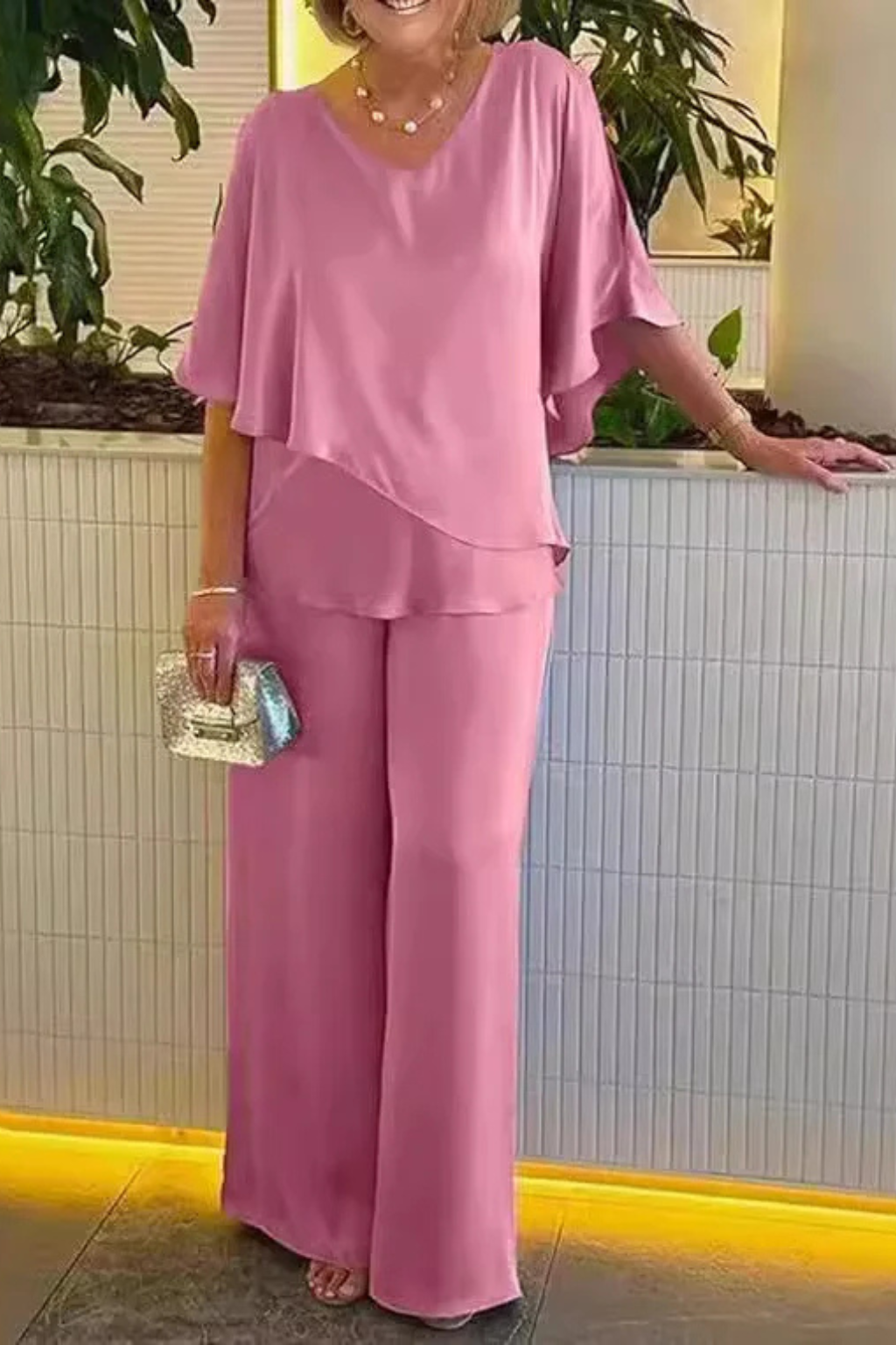 Elegant Women’s Two Piece Set V Neck Batwing Sleeve Top Wide Leg Trousers