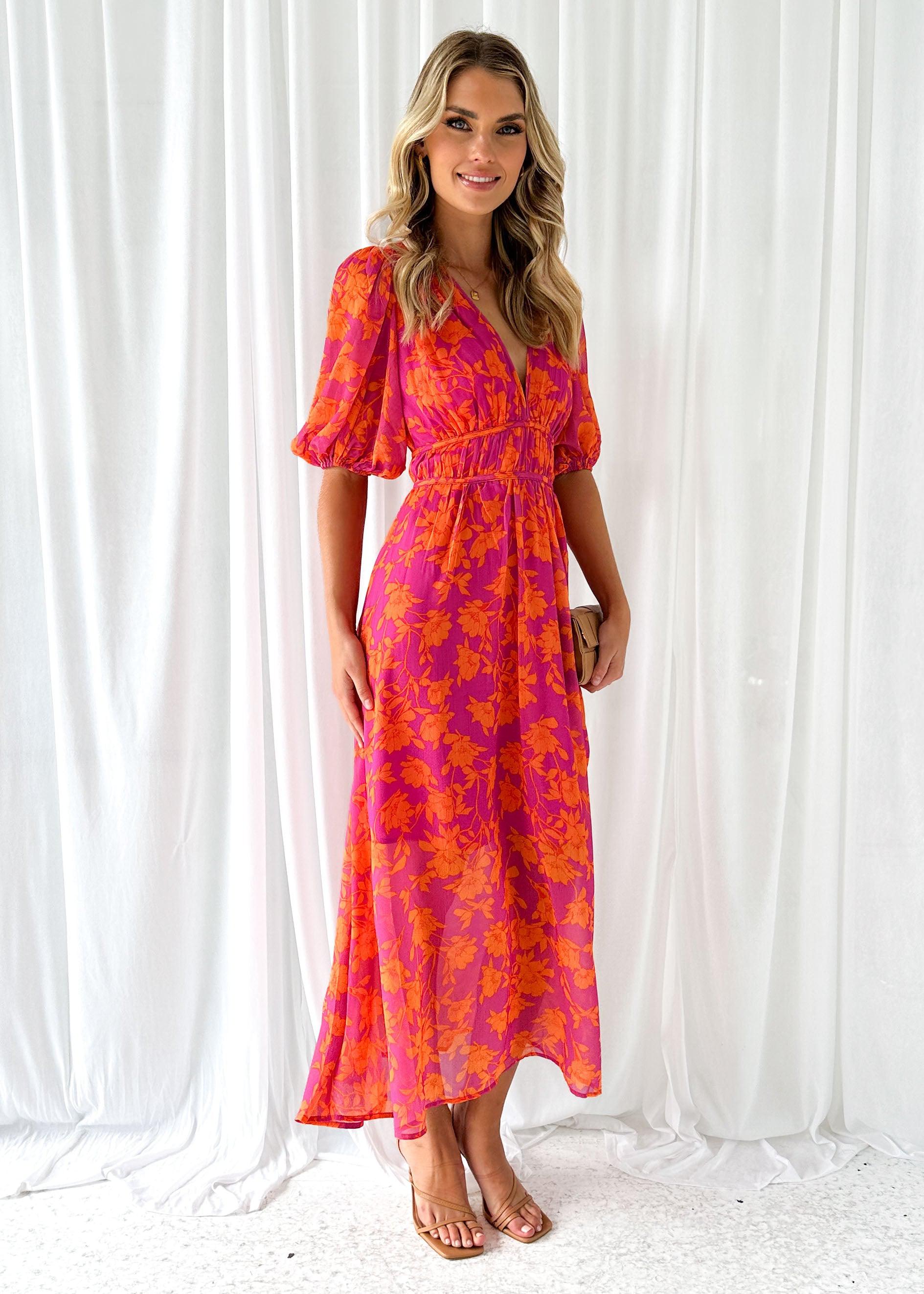 Women’s Floral V Neck Maxi Dress with Flowing Skirt and Short Puff Sleeves