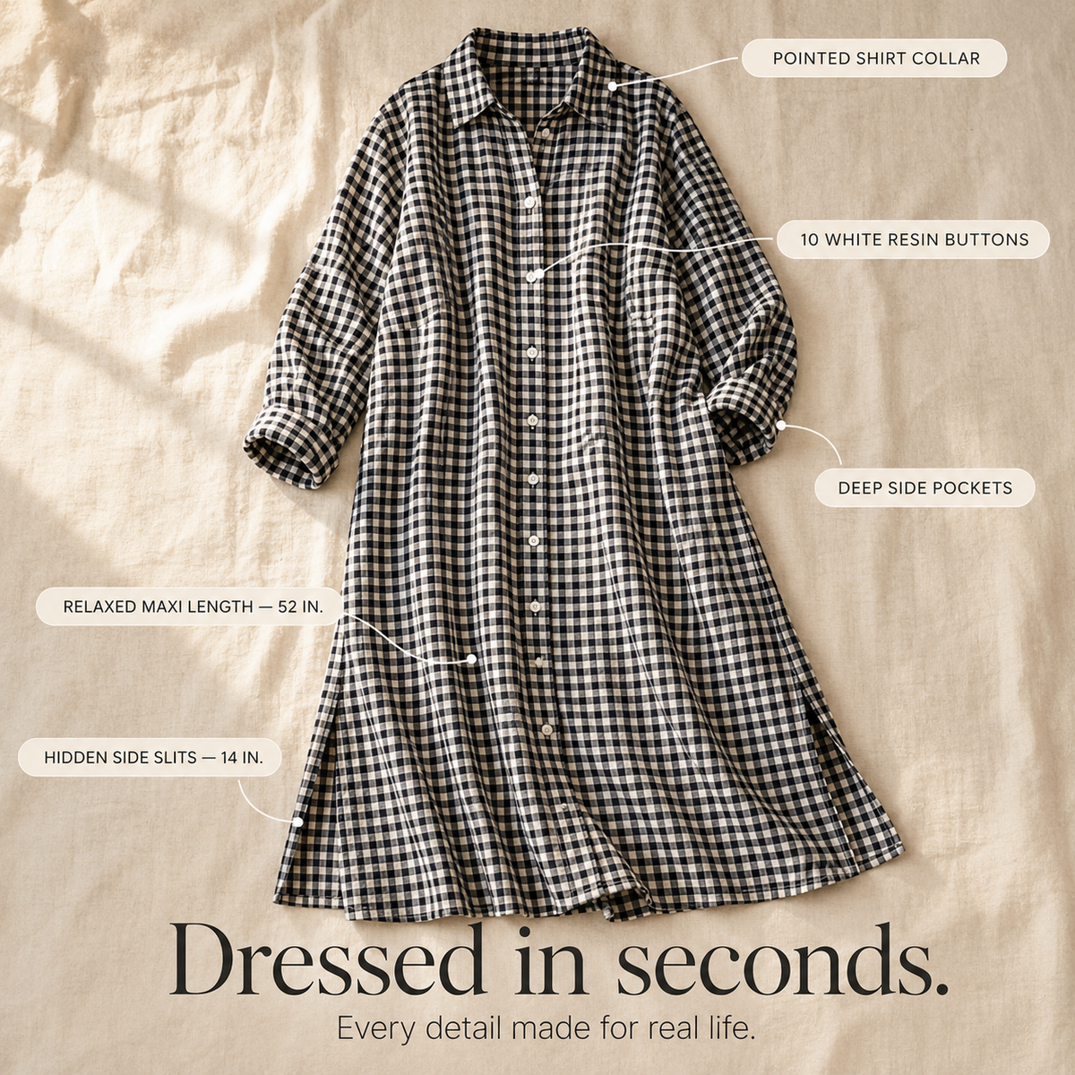 Women's Gingham Button-Front Maxi Dress