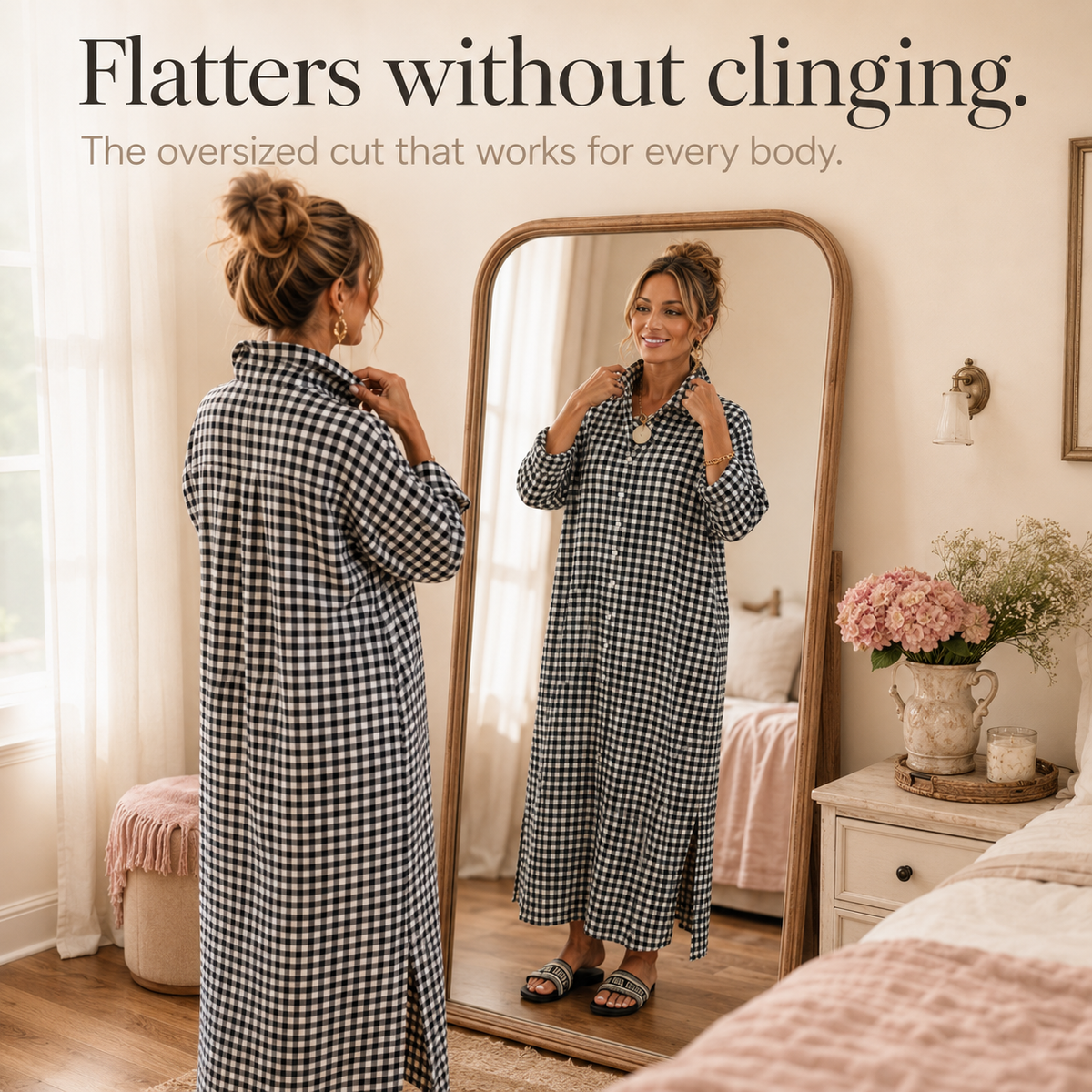 Women's Gingham Button-Front Maxi Dress