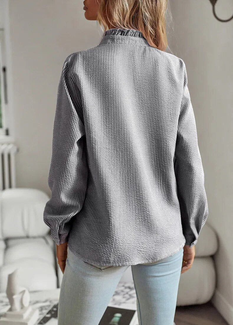 Elegant Long Sleeve Casual Ruffle Front Button Blouse