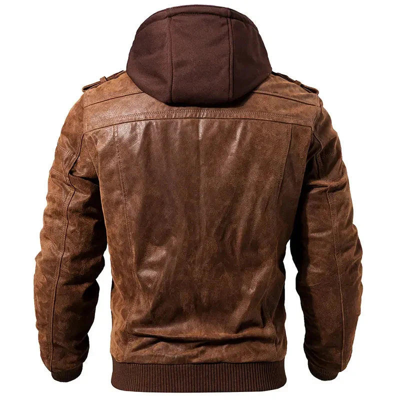 Men's Leather Hooded Casual Zip-Up Jacket