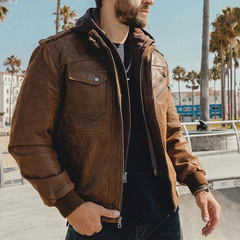 Men's Leather Hooded Casual Zip-Up Jacket
