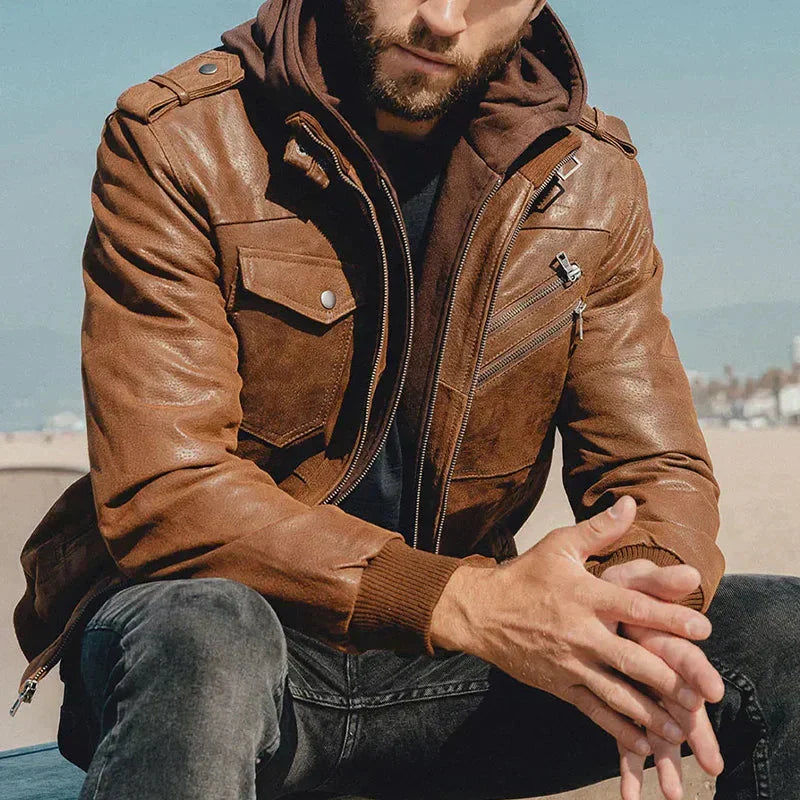 Men's Leather Hooded Casual Zip-Up Jacket