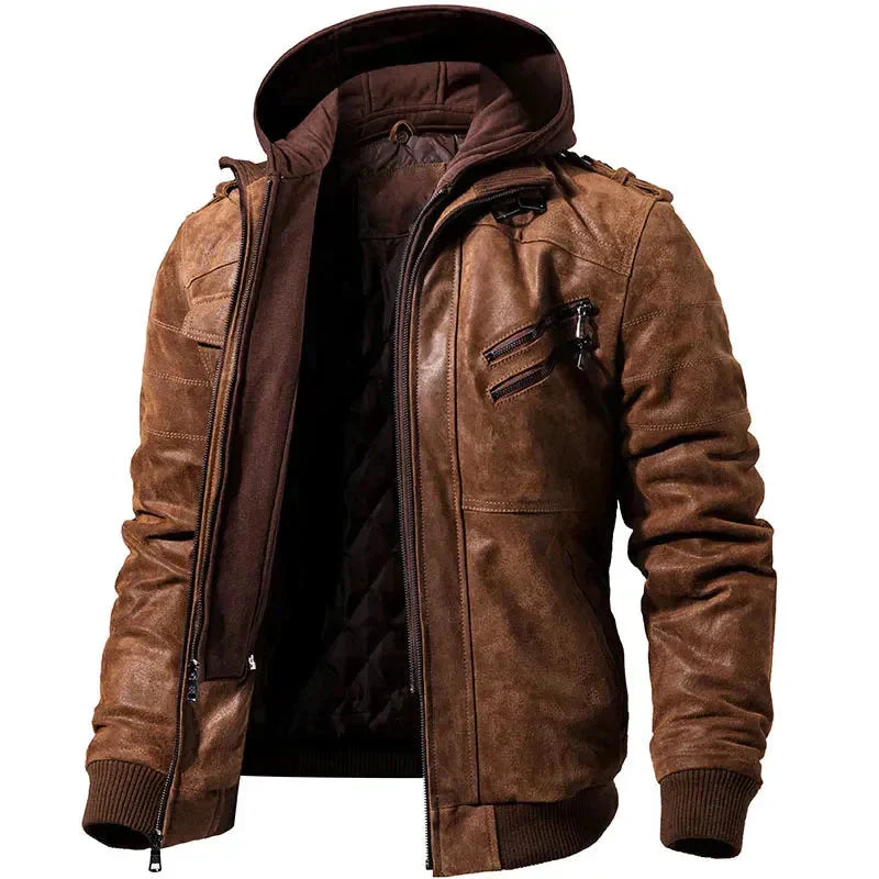 Men's Leather Hooded Casual Zip-Up Jacket