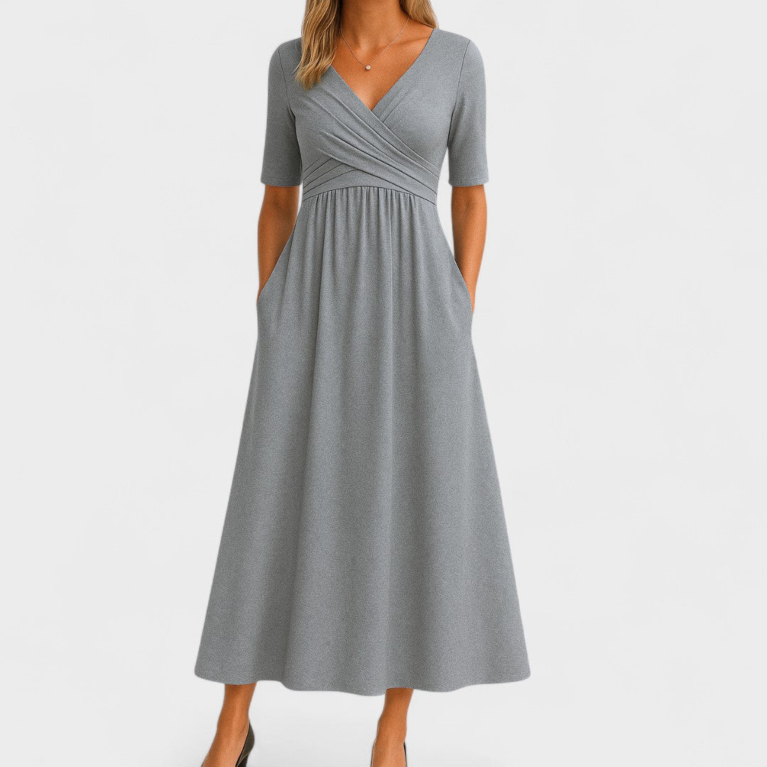 Women's V-Neck Midi Dress with Crossover Waist