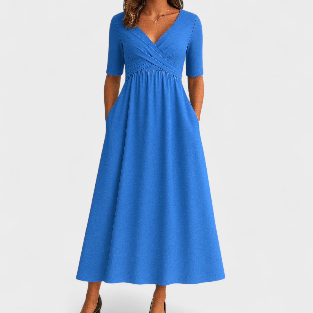 Women's V-Neck Midi Dress with Crossover Waist