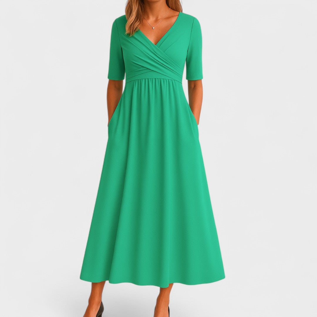 Women's V-Neck Midi Dress with Crossover Waist
