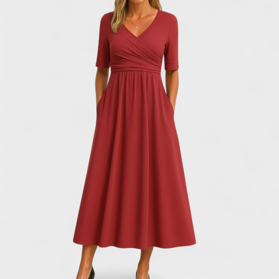 Women's V-Neck Midi Dress with Crossover Waist