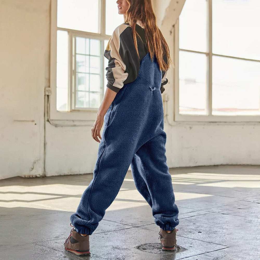 Women's Cozy Fleece Bib Jumpsuit with Adjustable Straps