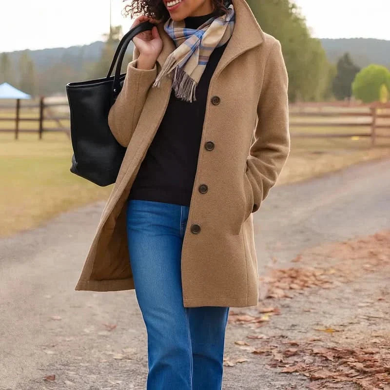 Women's Classic Button-Front Coat with Lapel Collar