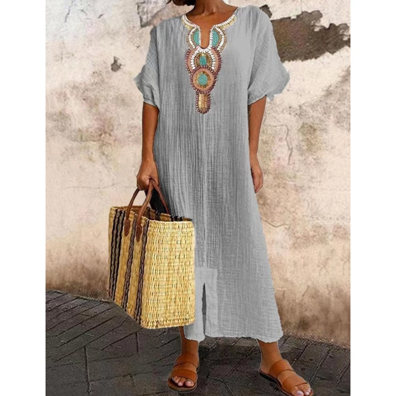 Women's Linen Maxi Dress with Embroidered Neckline