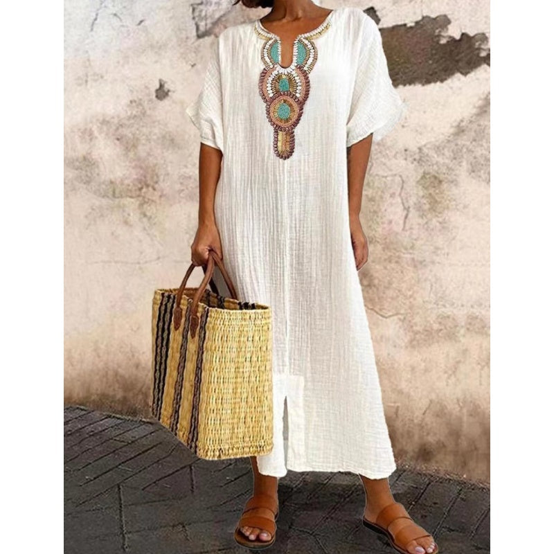Women's Linen Maxi Dress with Embroidered Neckline