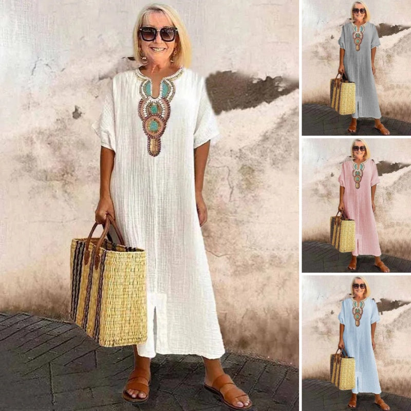 Women's Linen Maxi Dress with Embroidered Neckline
