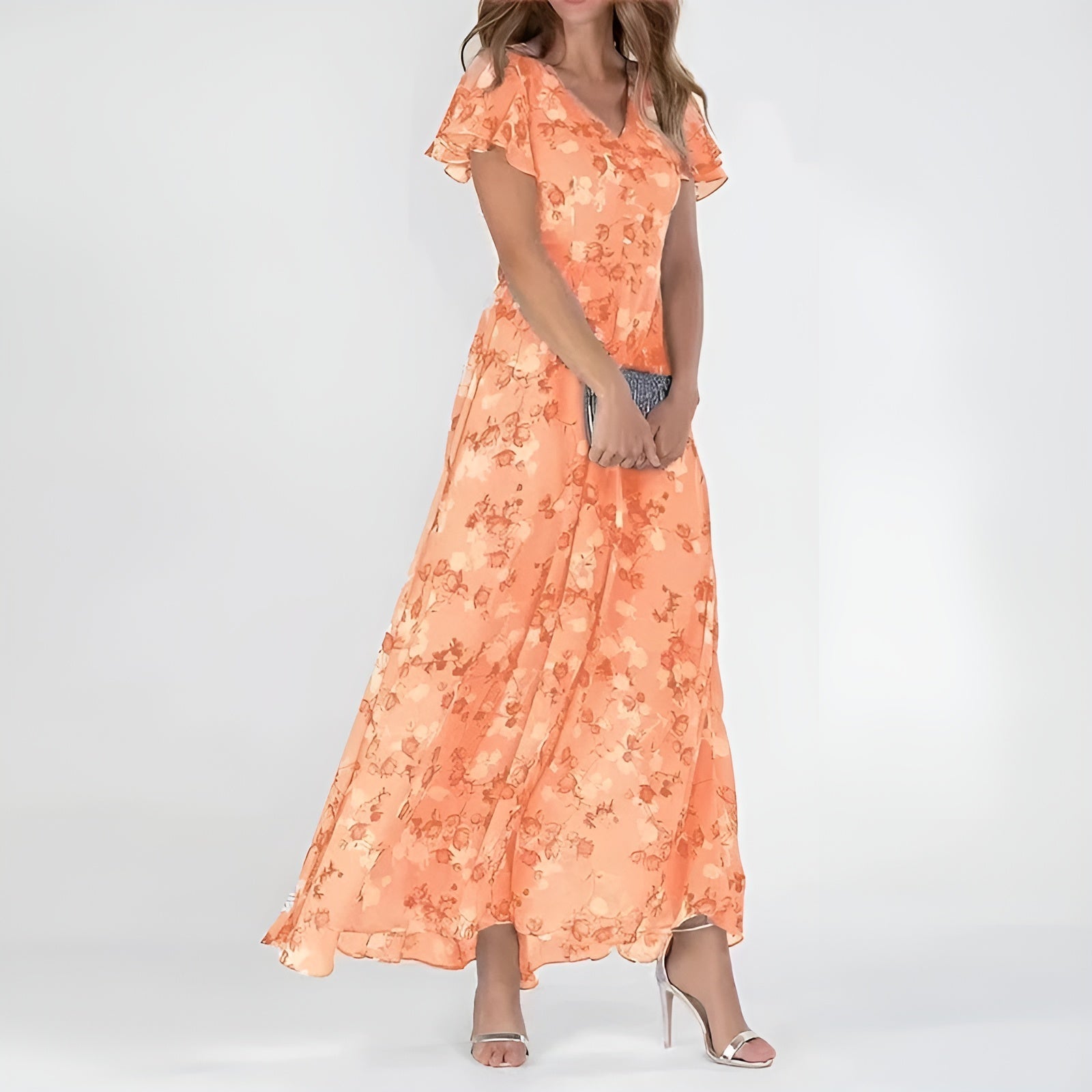 Women’s Floral Maxi Dress with Flutter Sleeves