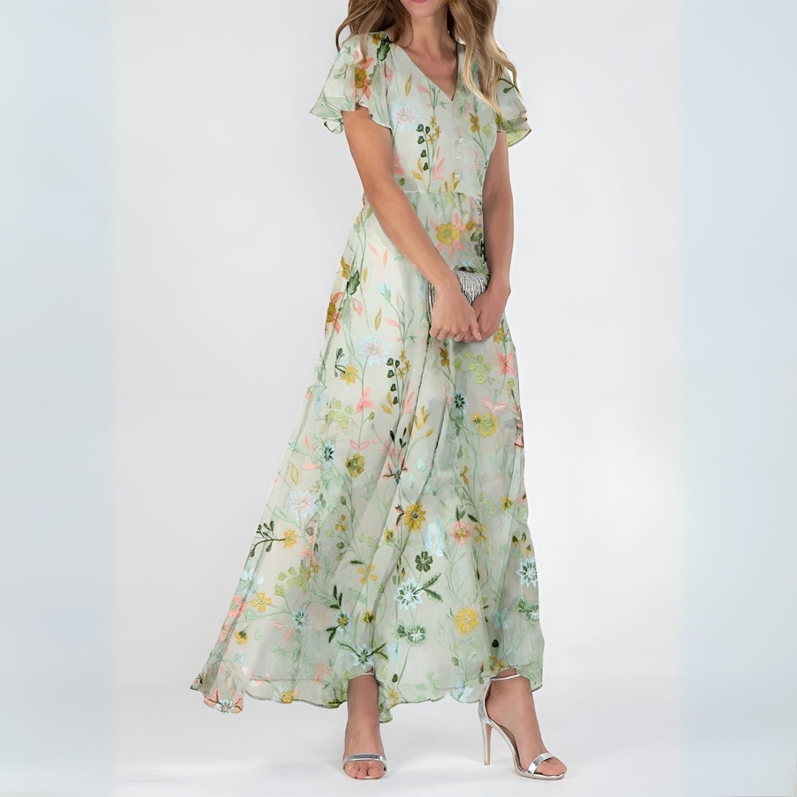Women’s Floral Maxi Dress with Flutter Sleeves