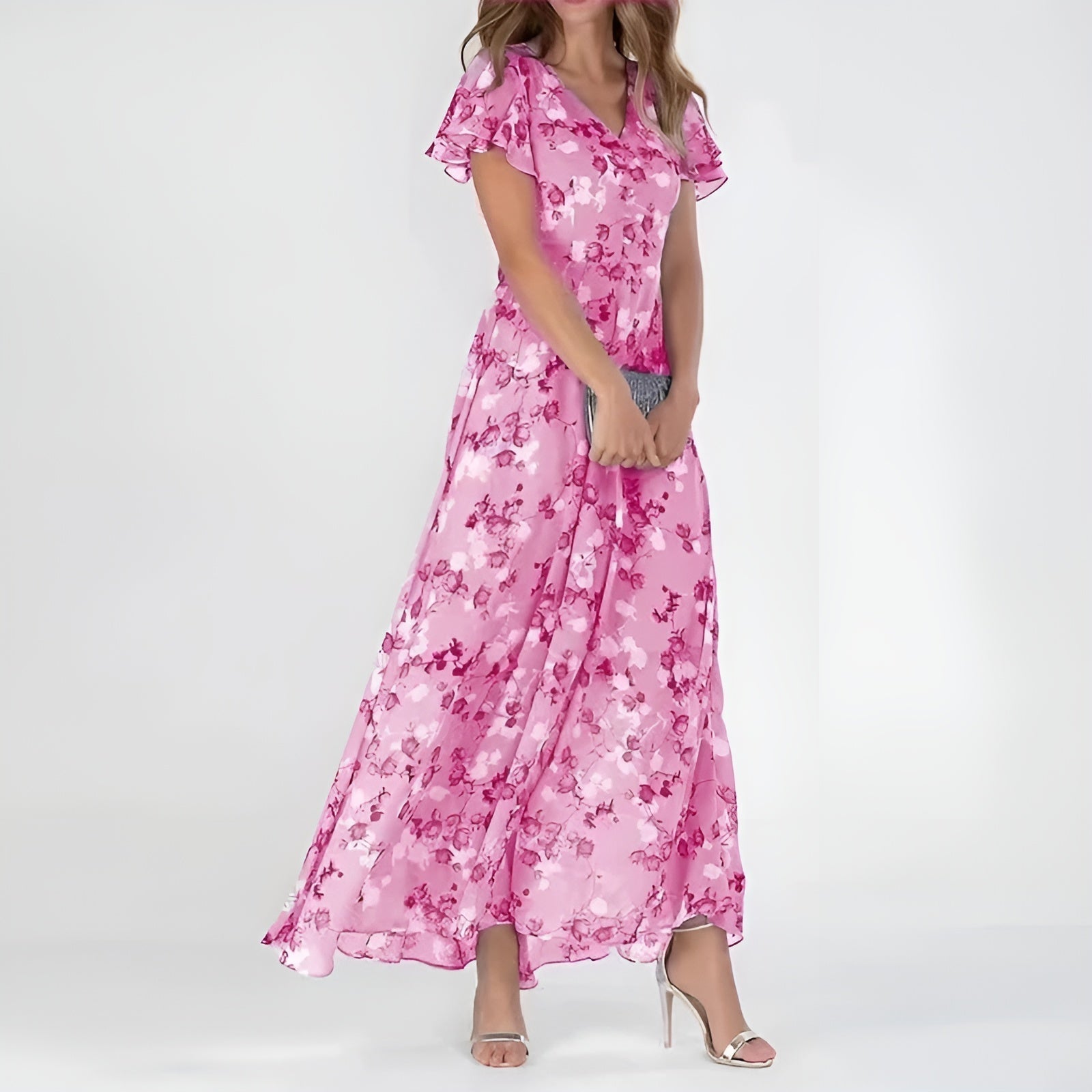 Women’s Floral Maxi Dress with Flutter Sleeves